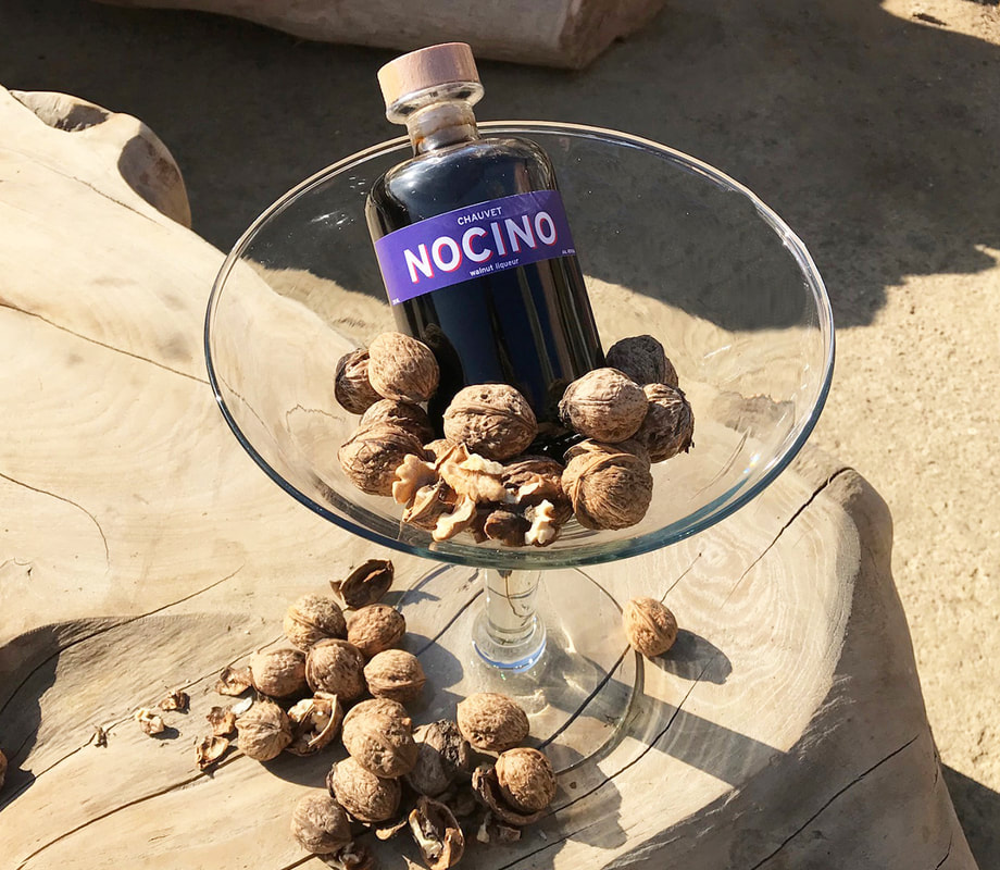 Nocino bottle in large martini glass with walnuts